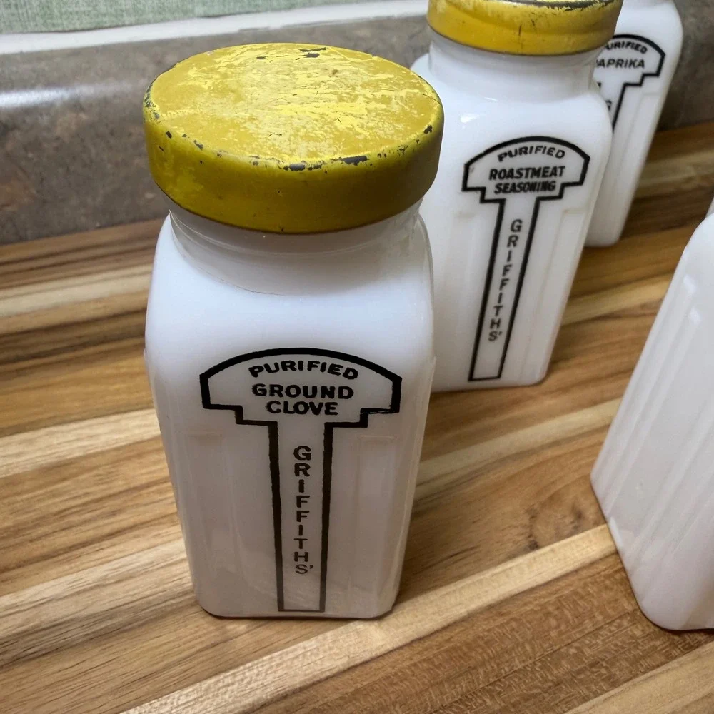 Vintage Griffiths Milk Glass Spice Jars Set of 9 White Art Deco Yellow Lids